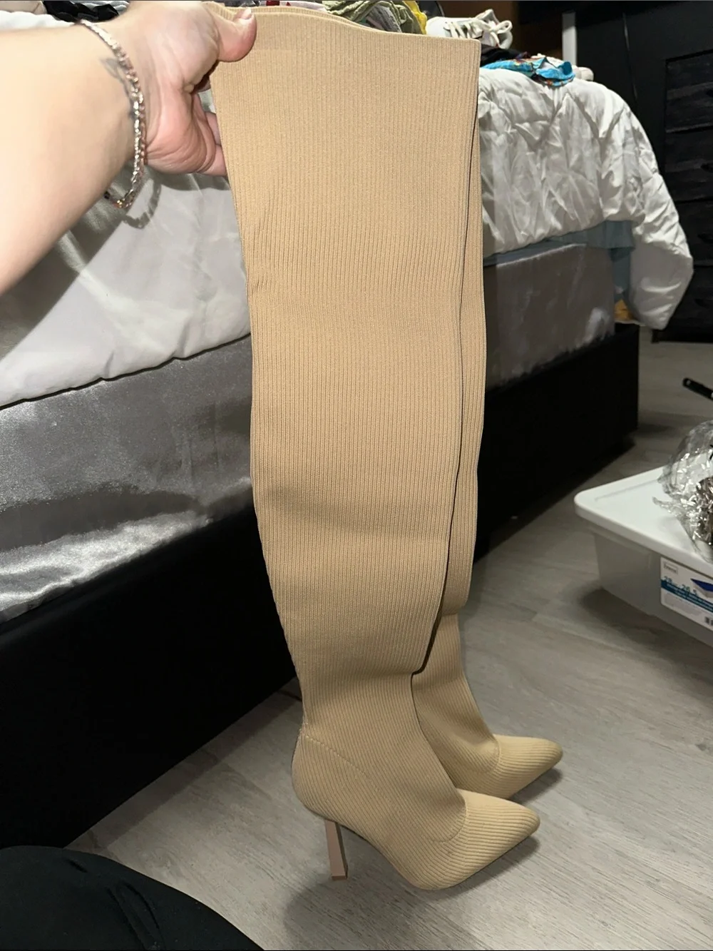 New Beige Stretch Over-the-Knee Pointed Toe Stiletto Boots